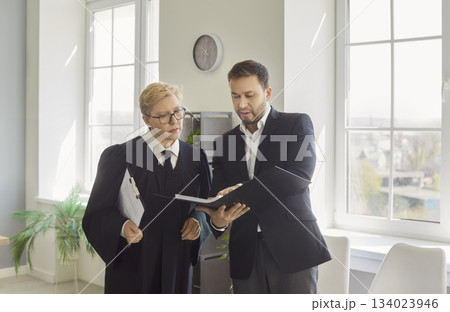 Judge and attorney analyzing legal documents in contemporary office workspace Judge and attorney analyzing legal documents in contemporary office workspace 134023946