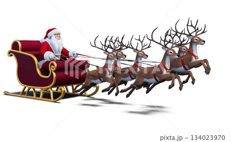 Santa Claus rides a sleigh pulled by six reindeer during the Christmas season at night 134023970