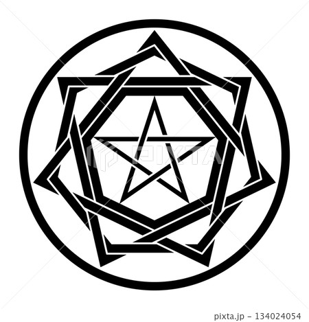 Sigillum Dei, Seal of God, or Seal of Truth. Original geometric structure of the medieval symbol of the Living God, attributed to Honorius, son of Euclid. Isolated black and white illustration. Vector 134024054