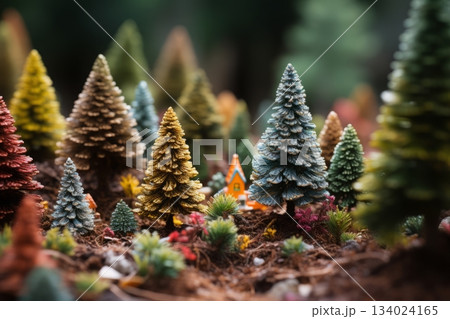 Warm Christmas decorations with wonderful lights and pine trees creating a cozy festive holiday atmosphere. 134024165