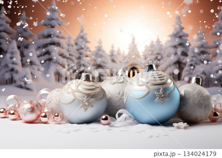 Decorative Christmas tree with ornaments and with customizable space for text. 134024179