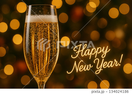 Happy New Year Message with champagne celebration scene with festive golden lights arranged for a luxurious holiday toast with customizable space for text. Happy New Year Message with champagne celebration scene with festive golden lights arranged for a luxurious holiday toast with customizable space for text. 134024186