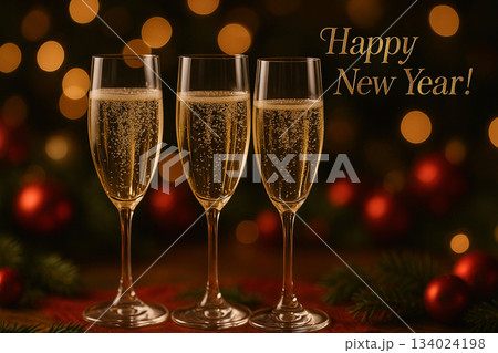 Happy New Year Message with champagne celebration scene with festive golden lights arranged for a luxurious holiday toast with customizable space for text. Happy New Year Message with champagne celebration scene with festive golden lights arranged for a luxurious holiday toast with customizable space for text. 134024198