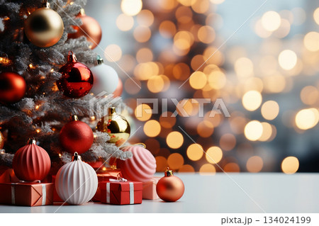 Festive Christmas arrangement with warm lights and classic ornaments with customizable space for text. Festive Christmas arrangement with warm lights and classic ornaments with customizable space for text. 134024199