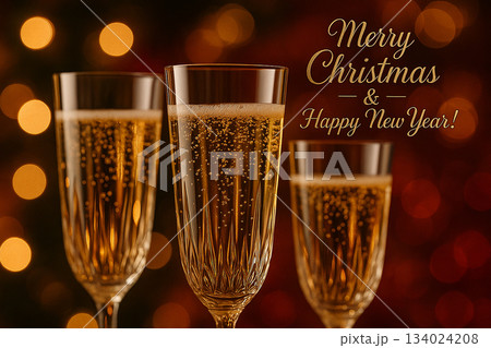 Merry Christmas and Happy New Year, Champagne celebration scene with festive golden lights and sparkling glasses arranged for a luxurious holiday toast. Merry Christmas and Happy New Year, Champagne celebration scene with festive golden lights and sparkling glasses arranged for a luxurious holiday toast. 134024208