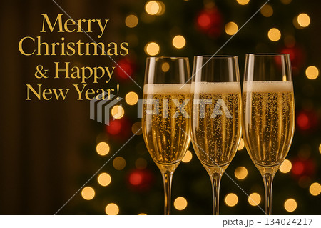 Merry Christmas and Happy New Year, Champagne celebration scene with festive golden lights Merry Christmas and Happy New Year, Champagne celebration scene with festive golden lights 134024217