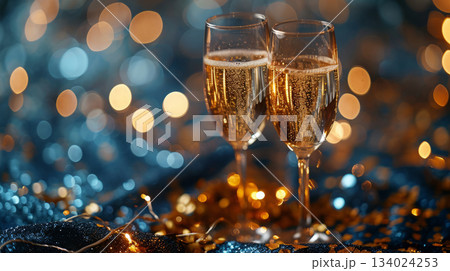 Champagne celebration scene with festive golden lights and sparkling glasses arranged for a luxurious holiday toast with customizable space for text.Champagne celebration scene with festive golden 134024253
