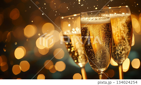 Champagne celebration scene with festive golden lights and sparkling glasses arranged for a luxurious holiday toast. Champagne celebration scene with festive golden lights and sparkling glasses arranged for a luxurious holiday toast. 134024254