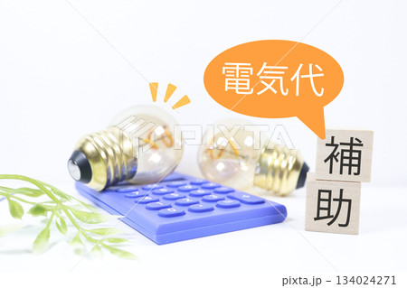 電気代補助で家計負担を軽減するイメージ。節約と支援策の概念。 電気代補助で家計負担を軽減するイメージ。節約と支援策の概念。 134024271