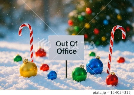 Out Of Office text serve as notification away from work. Christmas and Holiday season concept with beautiful Christmas decoration background. Out Of Office text serve as notification away from work. Christmas and Holiday season concept with beautiful Christmas decoration background. 134024313