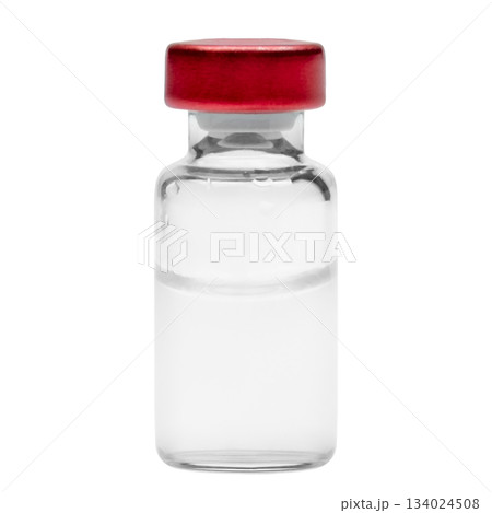 Simple glass vial with a metal cap filled with a clear liquid Simple glass vial with a metal cap filled with a clear liquid 134024508