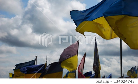 View on blue-yellow flags at countless graves of ukrainian soldiers alley of glory in Kharkiv. This site commemorates heroes and maintains the memory of wartime events in Ukraine. Slow moiton View on blue-yellow flags at countless graves of ukrainian soldiers alley of glory in Kharkiv. This site commemorates heroes and maintains the memory of wartime events in Ukraine. Slow moiton 134024745