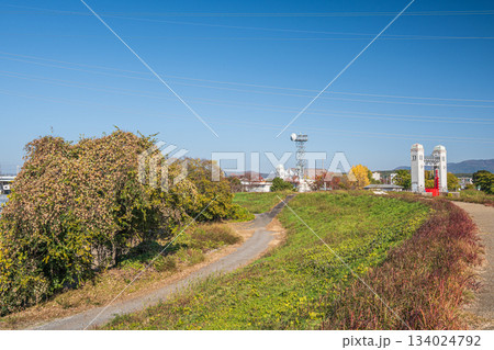 宇治川の堤防上からの眺め　京都市伏見区 134024792