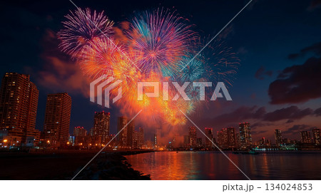 高層ビルが立ち並ぶ都心の夜景、空を彩る打ち上げ花火 134024853