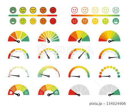 スピードメーターのセット。スコア測定、評価、ゲージメータ、パフォーマンス。さまざまな感情の顔アイコン 134024906