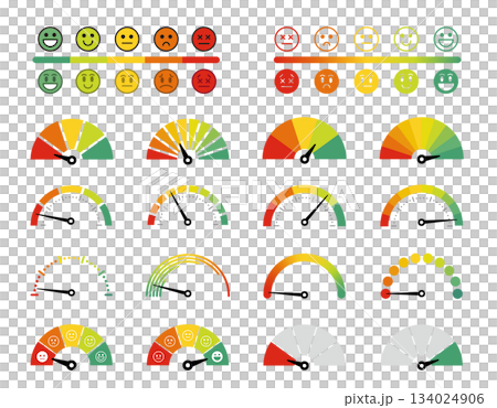 一套速度表。分數測量、評級、儀表、效能。不同的表情圖標 134024906