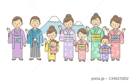 かわいい着物姿の日本人ファミリーイラスト 富士山 背景あり 134025002
