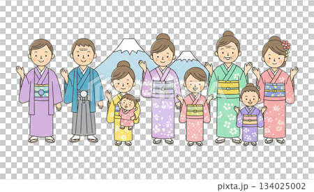 かわいい着物姿の日本人ファミリーイラスト 富士山 背景あり 134025002
