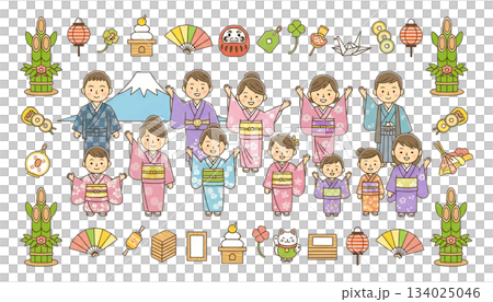 新年與家庭插畫_新年賀卡和日式設計_身著和服的人物和吉祥圖案 134025046