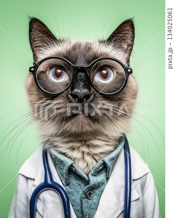 Cat doctor wearing round glasses in a clinic. Stethoscope and white coat emphasize a veterinary theme. 134025061