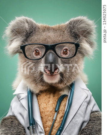Koala doctor wearing glasses works in a clinic. Stethoscope and lab coat emphasize medical theme. 134025075
