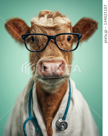 Cow wearing glasses in a vet coat poses in a studio. A stethoscope hangs around its neck. Cow wearing glasses in a vet coat poses in a studio. A stethoscope hangs around its neck. 134025107