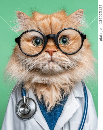 Cat wearing round glasses and a white lab coat in a studio poses. Stethoscope rests on the chest for a veterinary vibe. 134025125