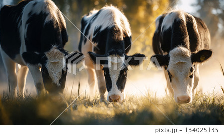 Three Holstein cows graze in a sunlit meadow. Morning light bathes the scene in warm tones. 134025135