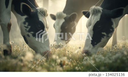 Cows graze in a sunlit meadow at dawn. Dawn light warms the scene. 134025136