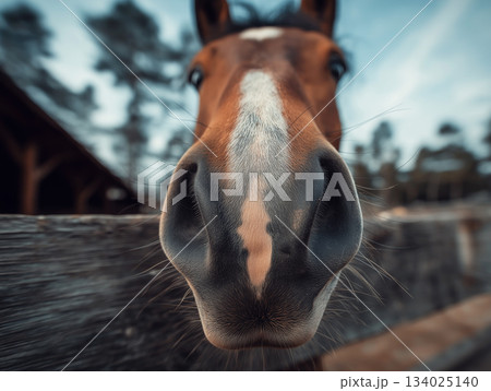 Horse nose fills the frame at a wooden fence in a stable yard. The shot highlights large nostrils and the textured skin around the nose. 134025140