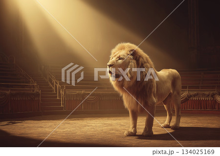Lion stands in a circus arena under a bright spotlight. The warm spotlight and red velvet drapes emphasize a dramatic circus moment. 134025169