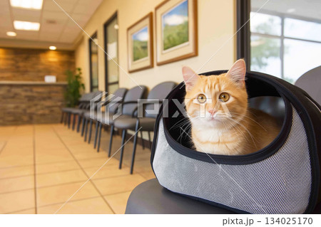Orange tabby cat in a carrier sits in a veterinary clinic waiting room. The cat waits for examination in a calm clinic. 134025170