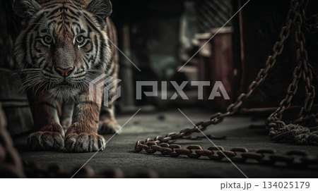 Tiger walks toward the camera in a dark enclosure. Rusty chains lie on the ground creating a tense mood. Tiger walks toward the camera in a dark enclosure. Rusty chains lie on the ground creating a tense mood. 134025179