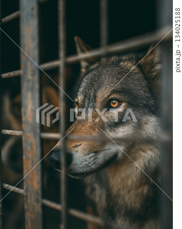 wolf looks out through a cage at a kennel. amber eye gazes from rusty bars in dim light. wolf looks out through a cage at a kennel. amber eye gazes from rusty bars in dim light. 134025188