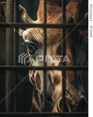 Giraffe peering through bars in a zoo enclosure. Warm lighting highlights the gaze through the bars. 134025192