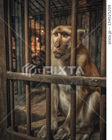 monkey sits in a zoo cage behind rusted bars. dim amber light highlights the solitary primate. 134025209