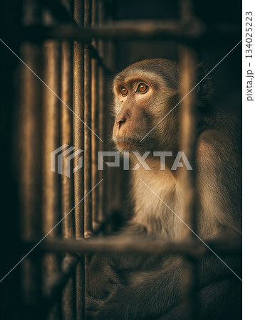 Macaque sits in a cage at a zoo. Amber light highlights its eyes. 134025223