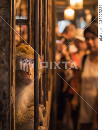 monkey in a cage peering through bars on a busy market street. warm golden lighting and a crowd of blurred shoppers create a lively late evening mood. 134025226