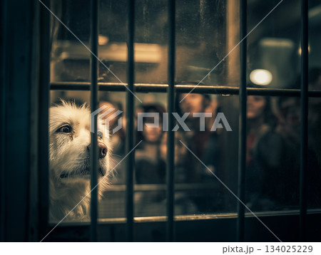 White dog in kennel gazes through bars. People behind the glass watch. 134025229
