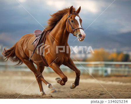 Chestnut horse gallops around a riding arena. Leather saddle and bridle are visible. 134025234