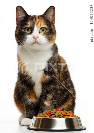 Calico cat sits beside stainless steel food bowl on white background. Colorful kibble fills the bowl. Calico cat sits beside stainless steel food bowl on white background. Colorful kibble fills the bowl. 134025237