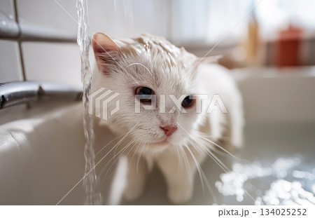 White cat under running water in the kitchen sink. Water flows from the faucet as the cat watches. White cat under running water in the kitchen sink. Water flows from the faucet as the cat watches. 134025252