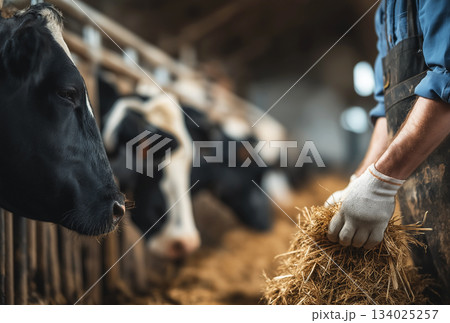 Farmer feeds hay to cows in a barn. Gloved hands hold straw while cows eat. Farmer feeds hay to cows in a barn. Gloved hands hold straw while cows eat. 134025257