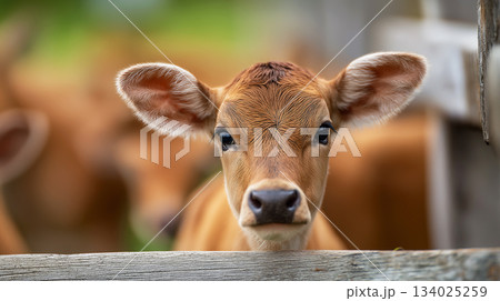 Calf peers over a wooden fence in a barnyard. Soft warm light highlights the calf's face. Calf peers over a wooden fence in a barnyard. Soft warm light highlights the calf's face. 134025259
