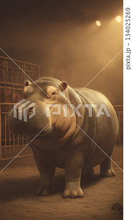 Hippo stands in a zoo enclosure. Amber lights create a dramatic stage mood. 134025269