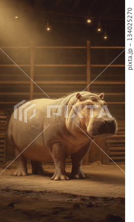 Hippopotamus stands in a zoo enclosure. Warm amber lighting glows above. 134025270