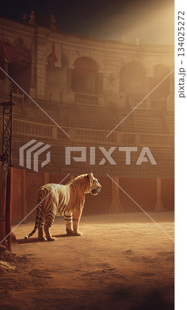 Tiger stands in a dusty arena beside a sunlit orange stone coliseum. Orange light bathes the arena as the tiger watches the empty stands. Tiger stands in a dusty arena beside a sunlit orange stone coliseum. Orange light bathes the arena as the tiger watches the empty stands. 134025272