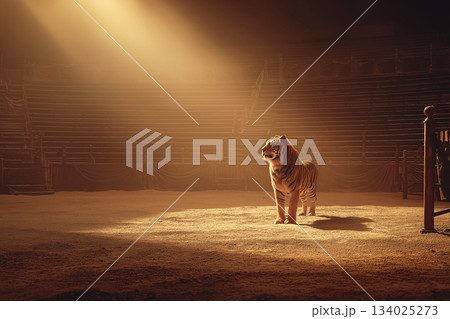 Tiger stands in a circus arena under a warm spotlight. Spotlight shines on the tiger in the ring. 134025273