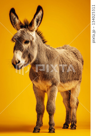 Donkey stands beside a yellow background. Bright studio lighting creates a bold mood. Donkey stands beside a yellow background. Bright studio lighting creates a bold mood. 134025311