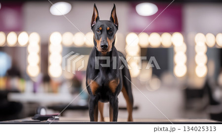 Doberman pinscher stands on a grooming table in a makeup studio. Vanity lights behind the dog create a warm glamorous studio mood. Doberman pinscher stands on a grooming table in a makeup studio. Vanity lights behind the dog create a warm glamorous studio mood. 134025313